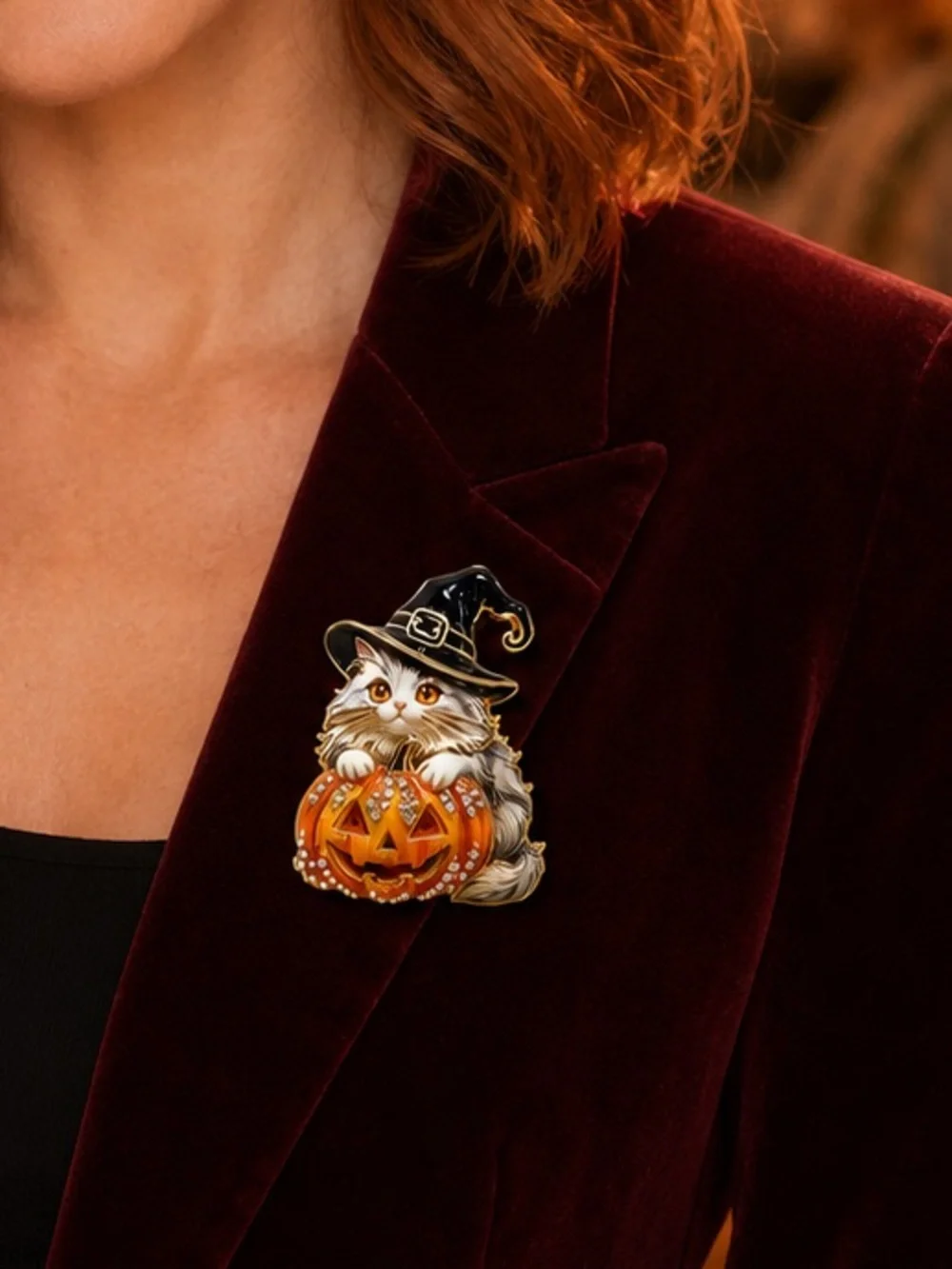 Halloween Witch Cat Pumpkin Brooch 🎃🐈‍⬛